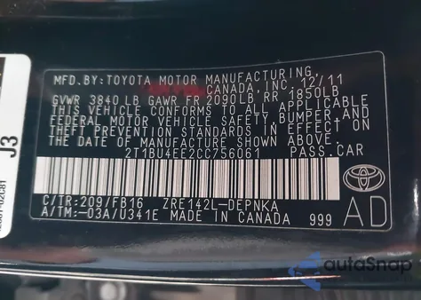 2012 Toyota Corolla Le from USA, damaged, VIN 2T1BU4EE2CC756061